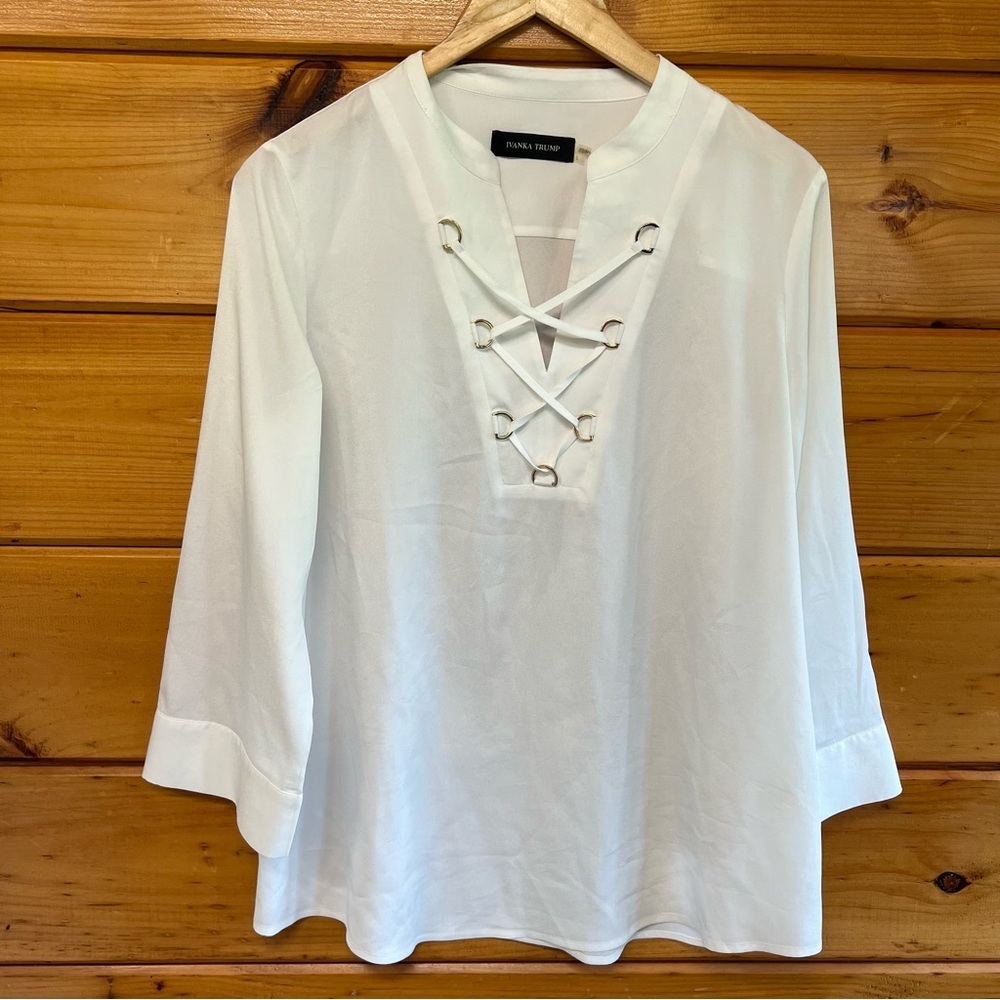 Ivanka Trump White Tie Golden Details Blouse with V Neck Mandarin Collar L